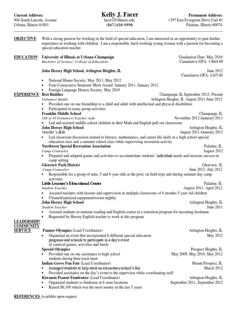 Special Education Resume of Kelly Facer | PDF | Special Education ...