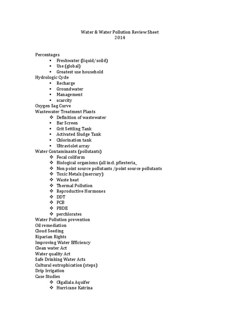 Waterresources Water Pollution Review Sheet | PDF