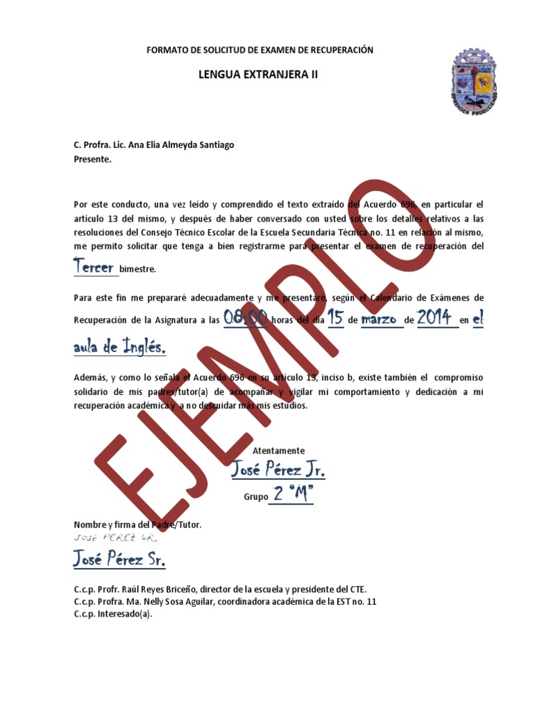 FORMATO ejemplo DE SOLICITUD DE EXAMEN DE RECUPERACIÓN
