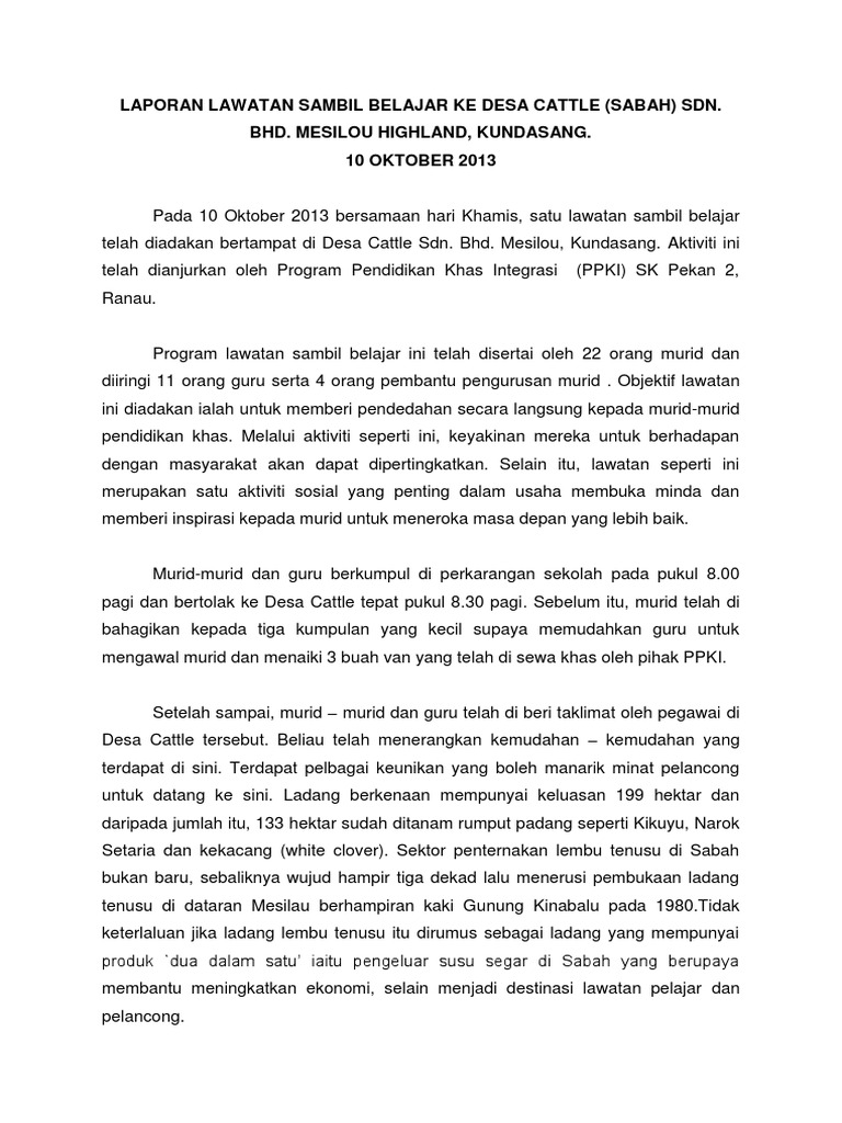 Laporan Lawatan Sambil Belajar Ke Desa Cattle Pdf