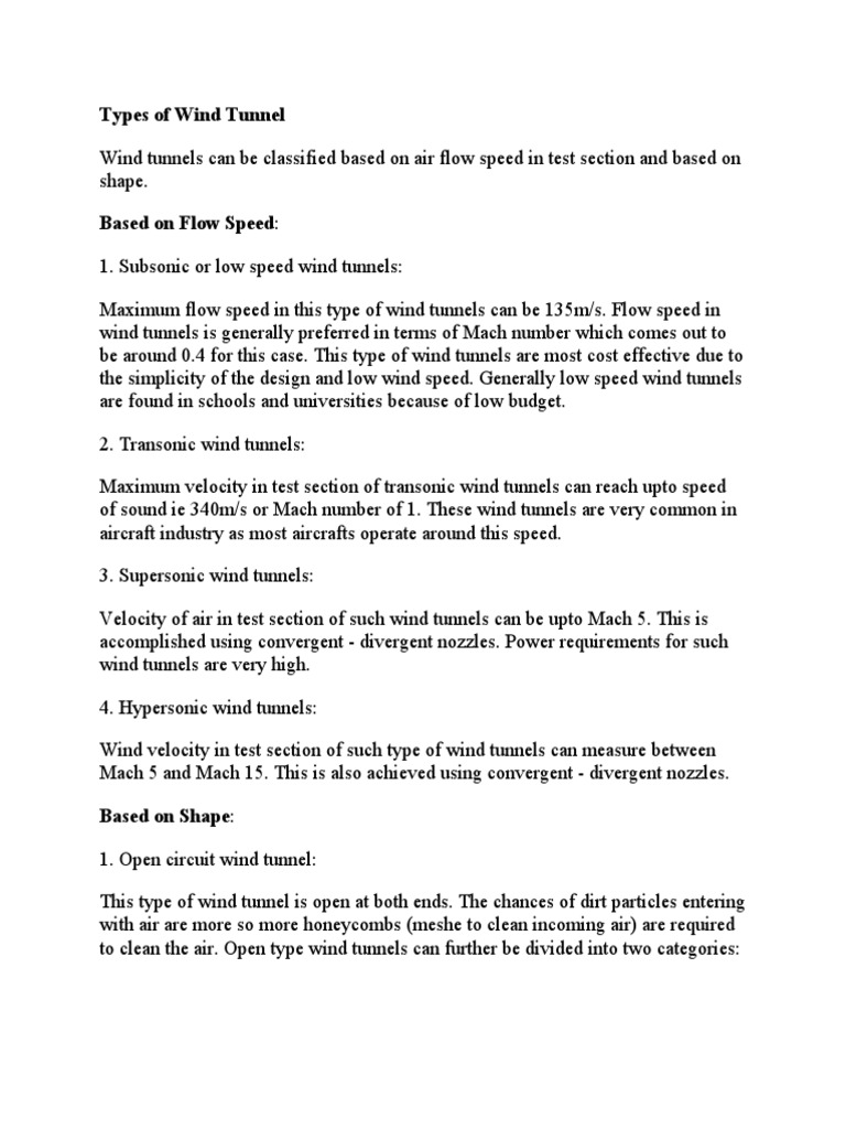Types of Wind Tunnel PDF Wind Tunnel Mach Number