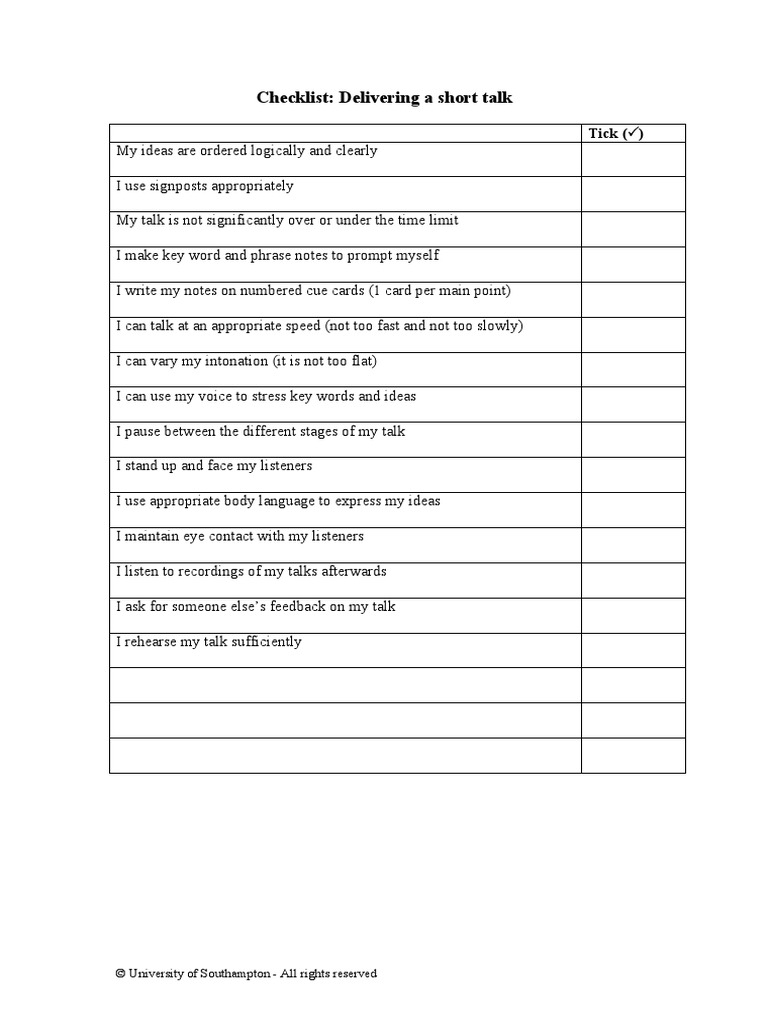 Checklist for Delivering a Short Talk | PDF | Career & Growth ...