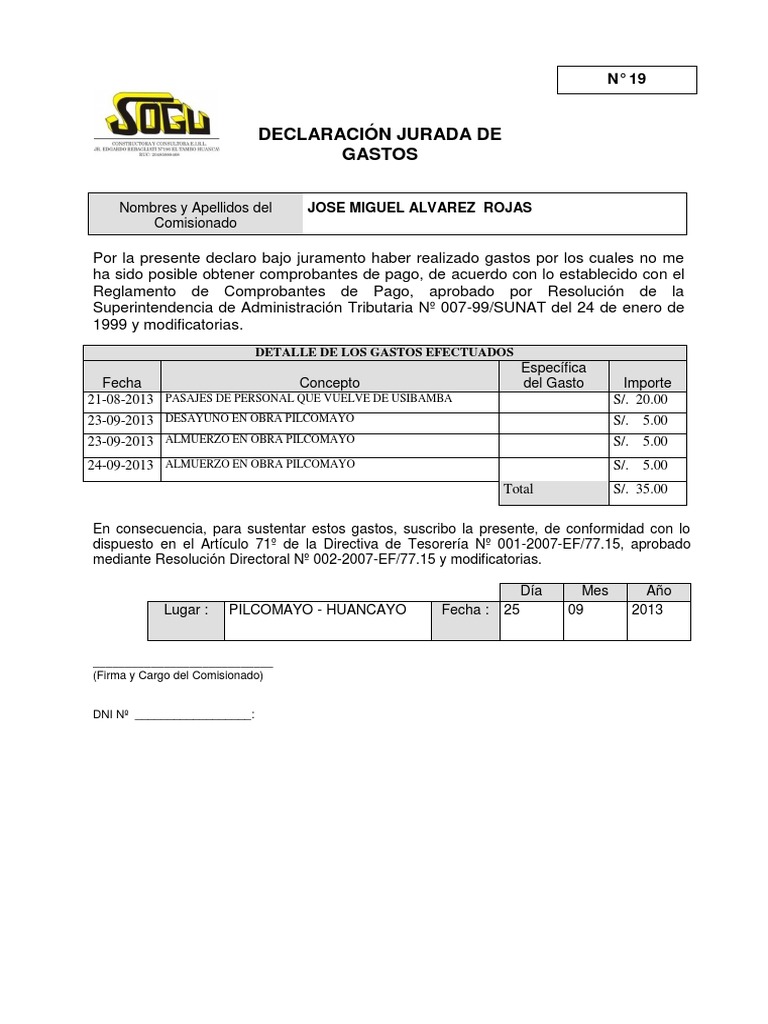 Declaracion Jurada de Gastos 19 de SETIEMBRE | PDF