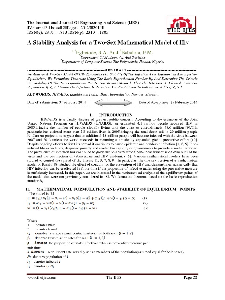 A Stability Analysis For A Two-Sex Mathematical Model of Hiv | PDF ...