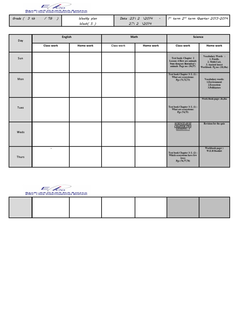 Eduline Class 4 Weekly Plan | PDF