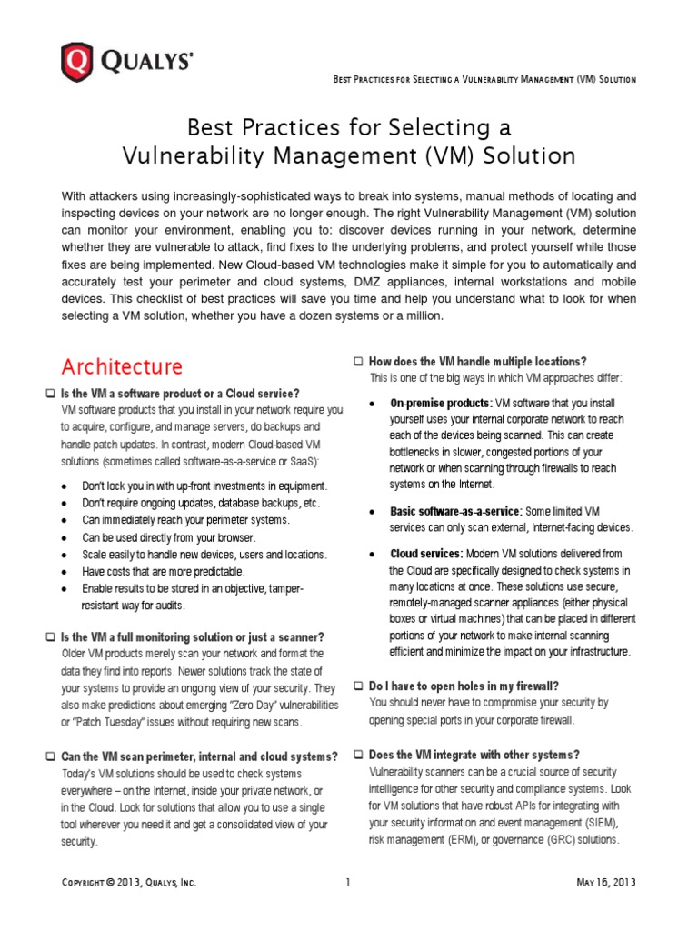 Best Practices For Selecting A Vulnerability Management (VM) Solution | PDF