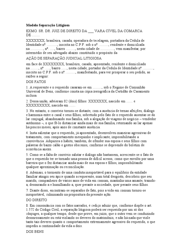 Modelo Separação Litigiosa | PDF | Injunção | Casamento