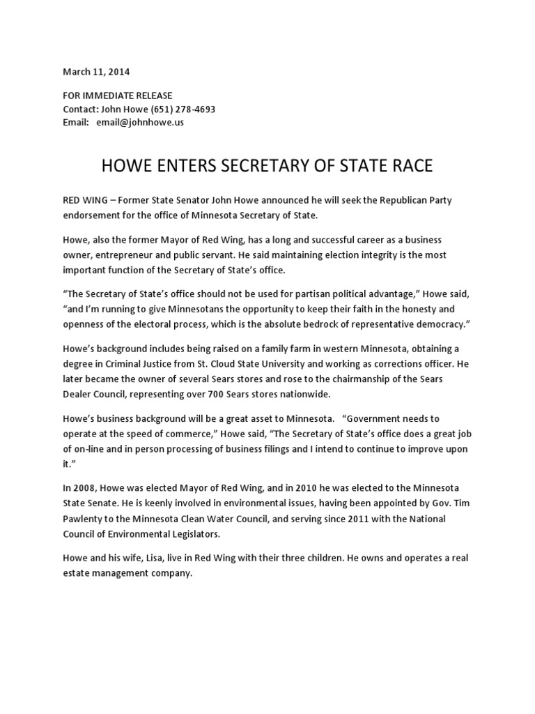 John Howe Announces Secretary of State Run | PDF | Minnesota | Politics ...