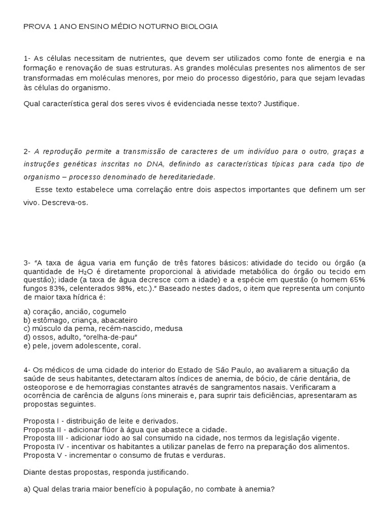 Prova de Biologia 1º Ano Ensino Médio | PDF | Bem-estar