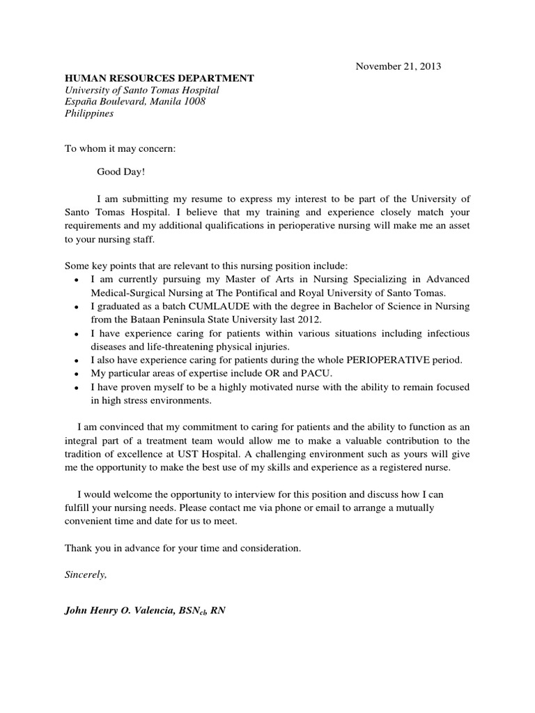 Application for Nursing Position at UST Hospital | PDF