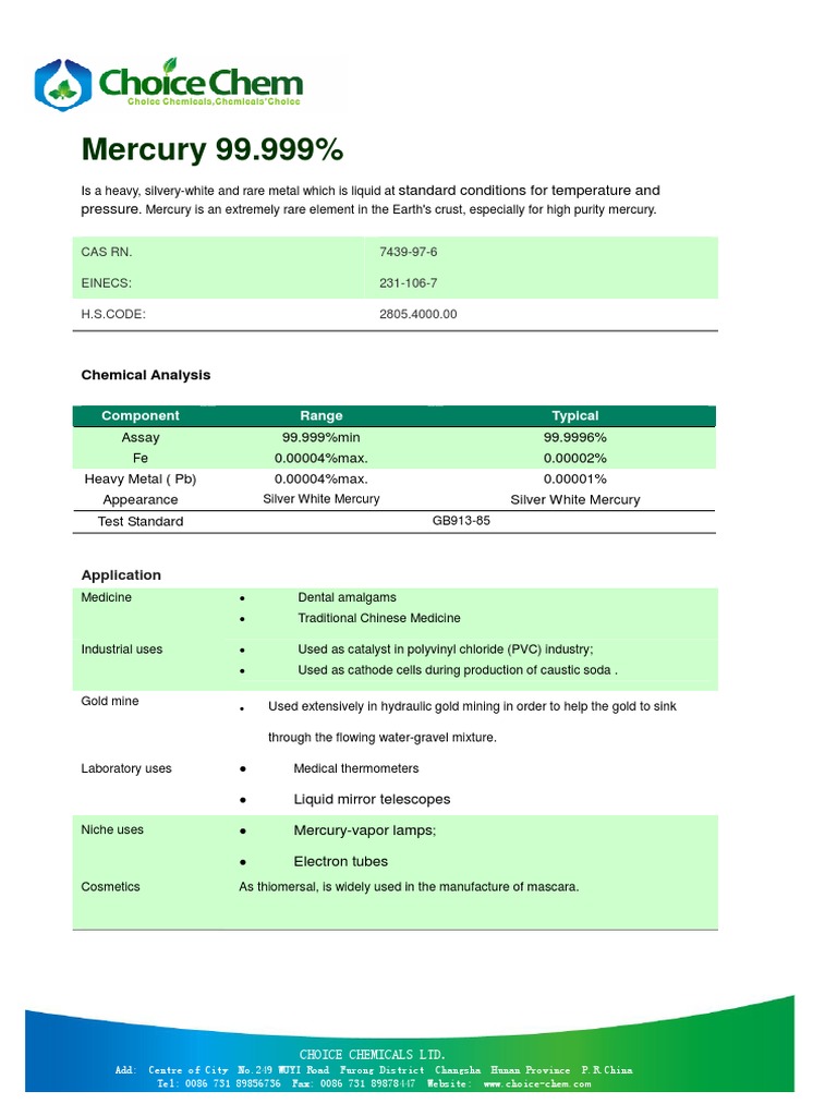 High Purity Mercury 99.999% Overview | PDF