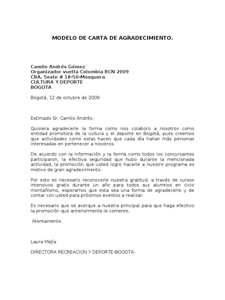 Modelo de Carta de Agradecimiento