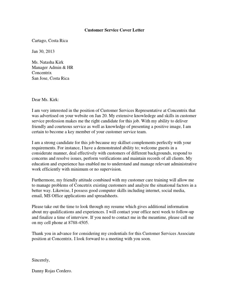 Customer Service Cover Letter | PDF | Business | Finance &amp; Money 