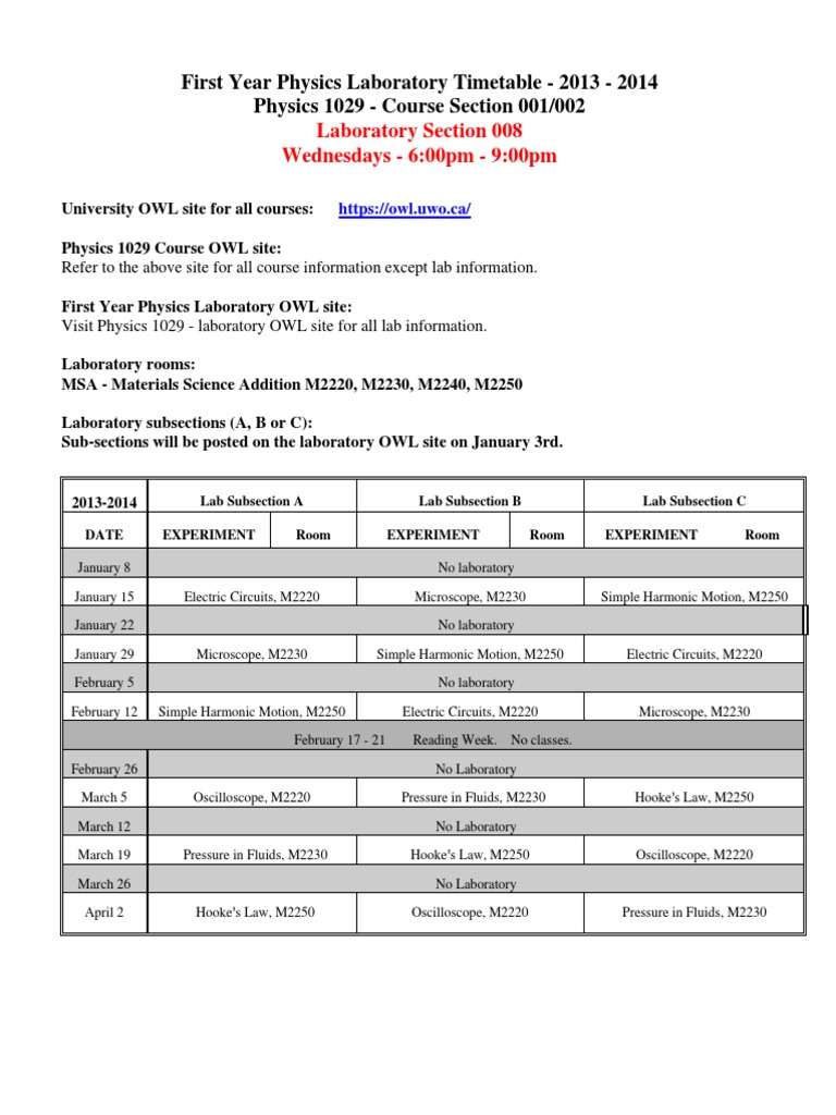 Physics Lab Schedule 2013-2014 | PDF