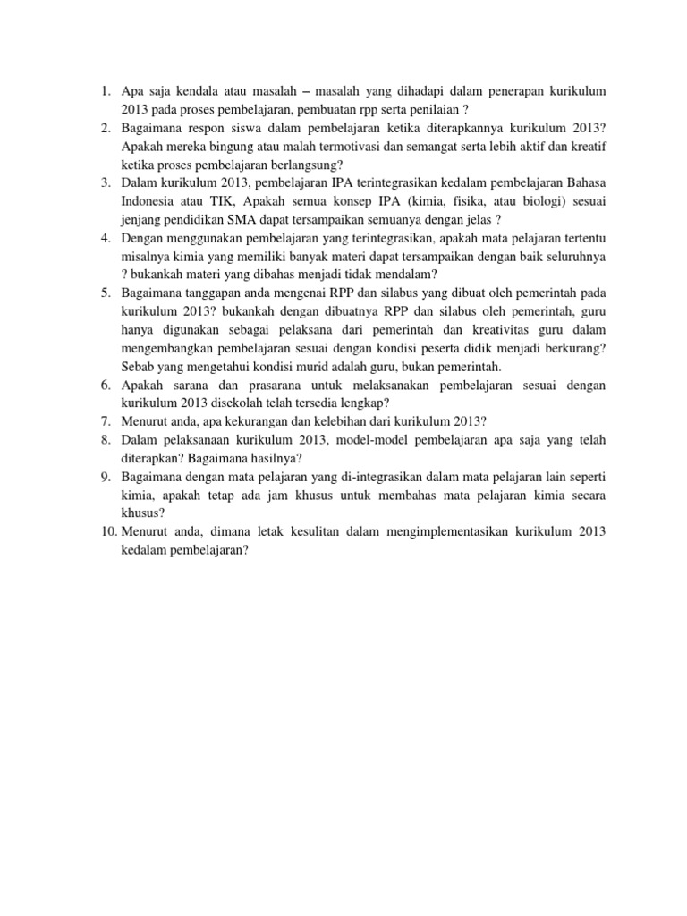 List Pertanyaan kurikulum 2013