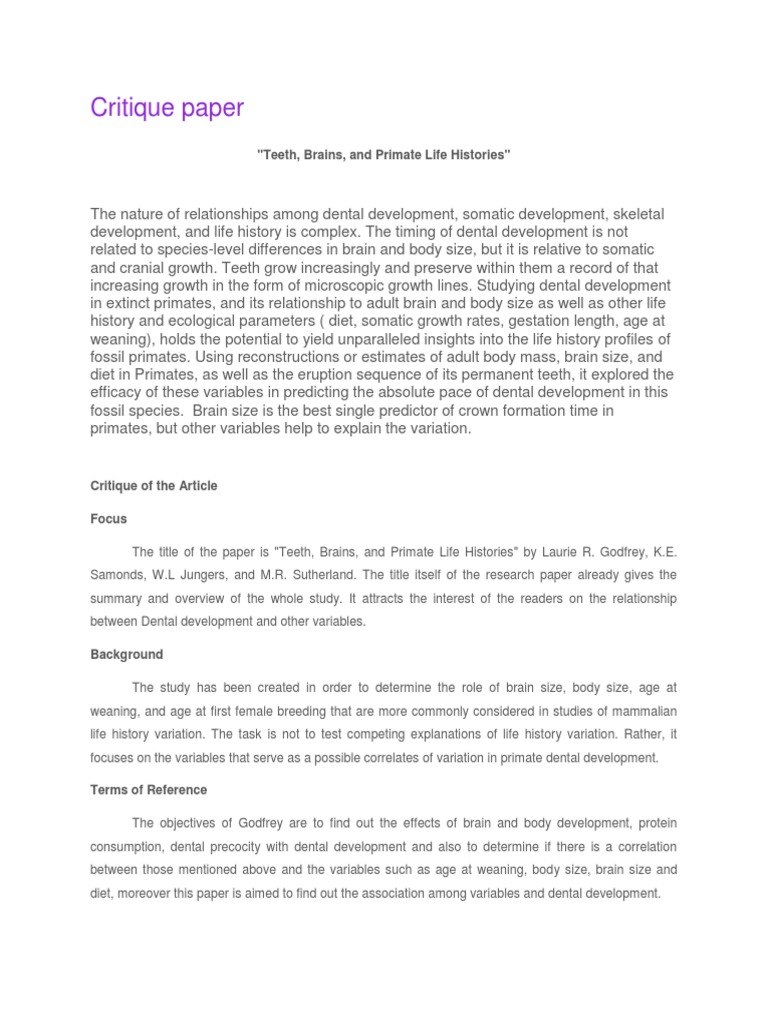 Critique of Primate Dental Development Study | PDF | Hypothesis ...