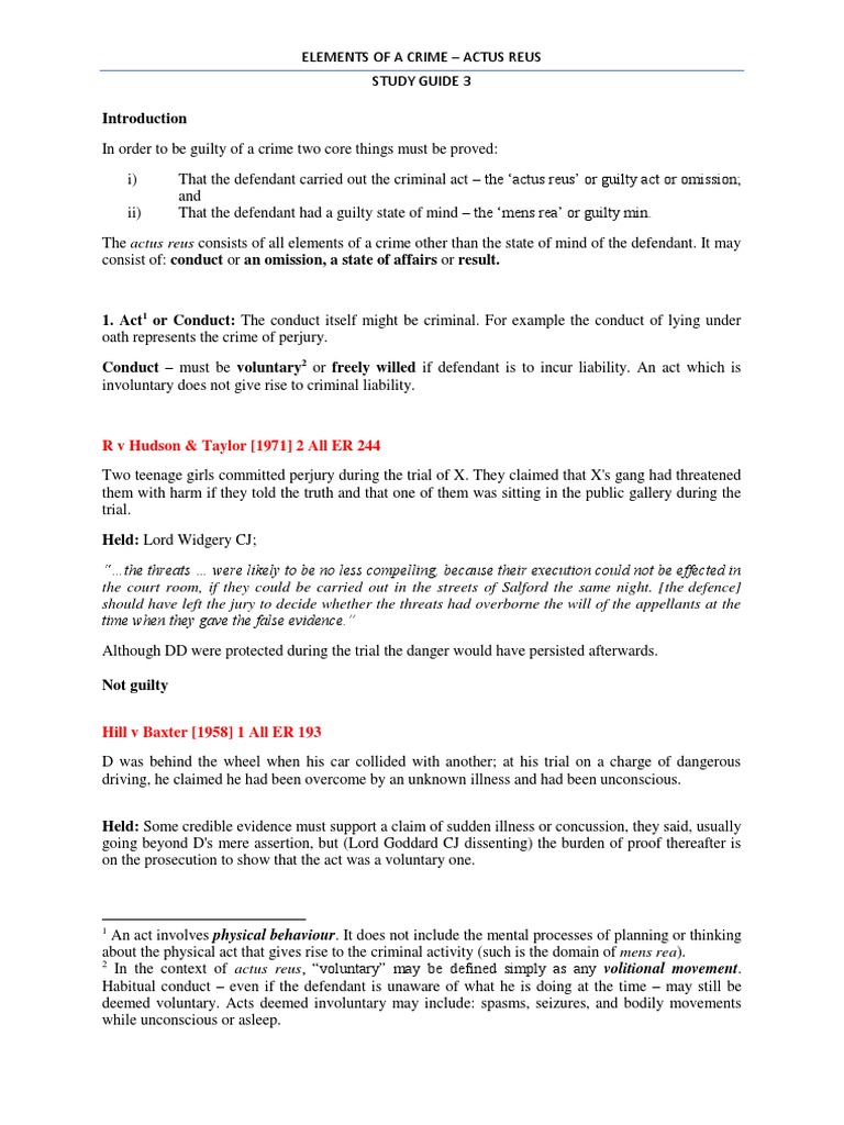 Study Guide 3 Actus Reus PDF Manslaughter Mens Rea