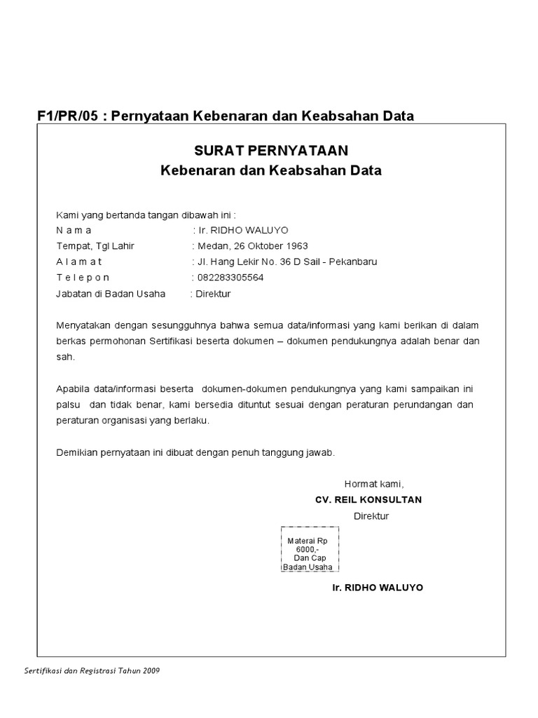 Contoh Surat Pernyataan Kebenaran Data Dan Keabsahan ...