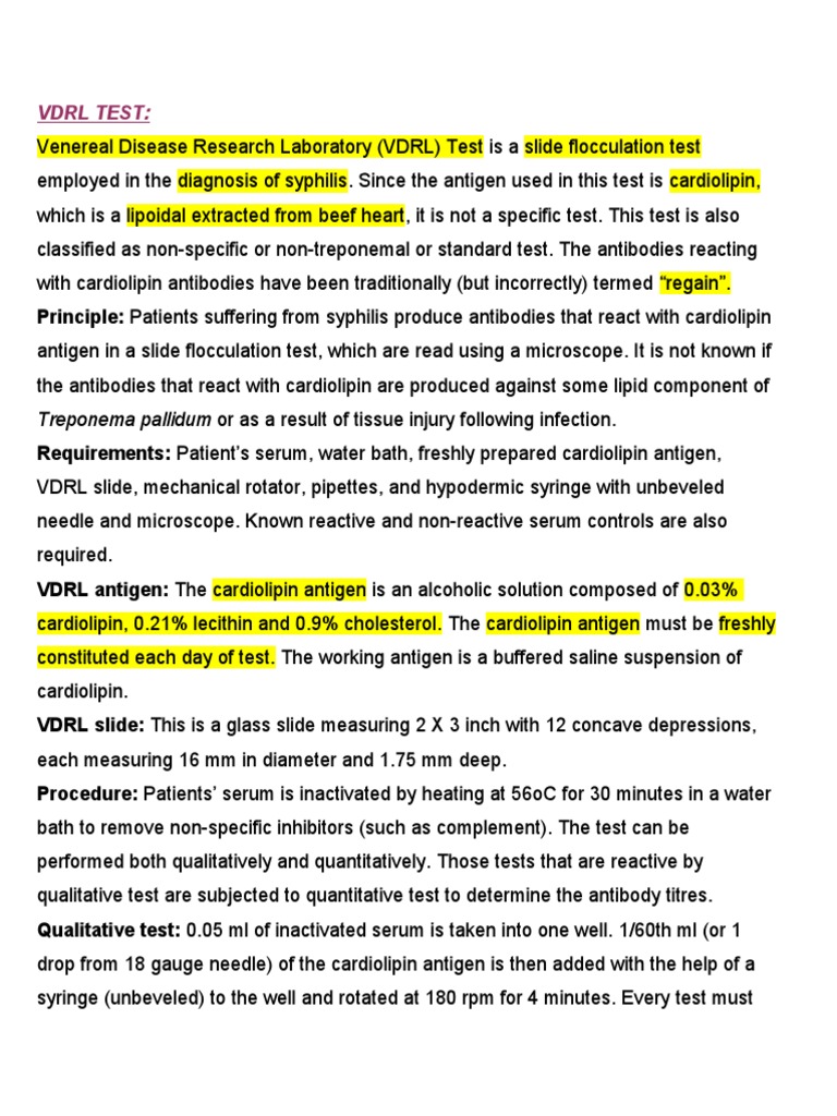 VDRL TEST Diseases And Disorders Medical Specialties