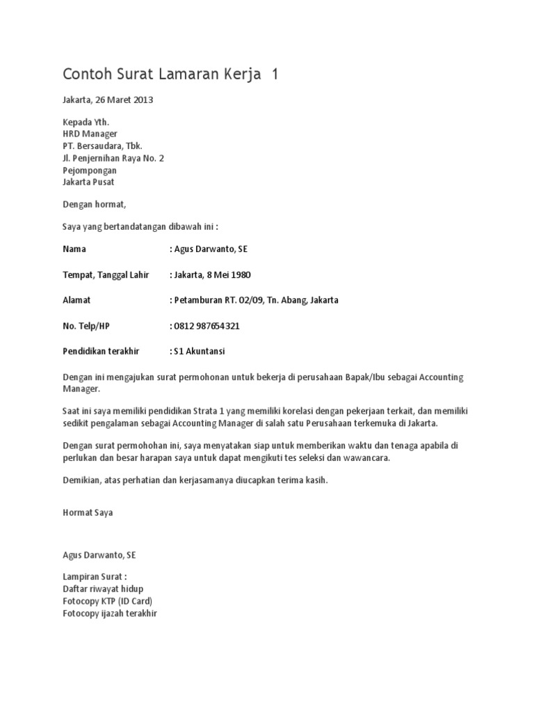 Contoh Surat Lamaran Kerja