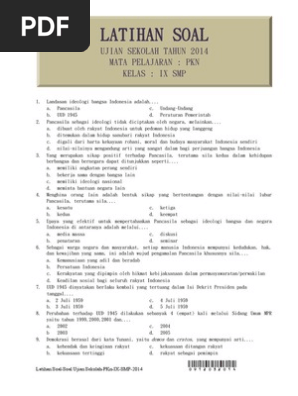 Latihan Soal Ujian Sekolah Pkn Kelas Ix Tahun 2014