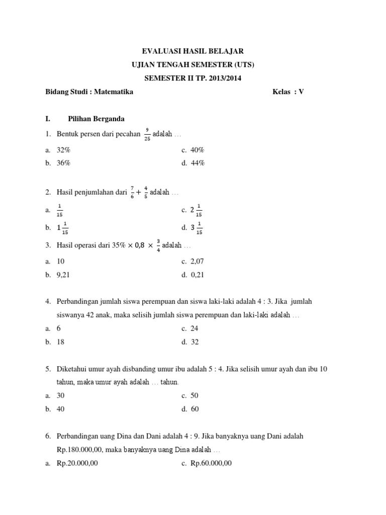 Soal Soal Kls 5 Sd Ttg Pecahan Dan Perbandingan