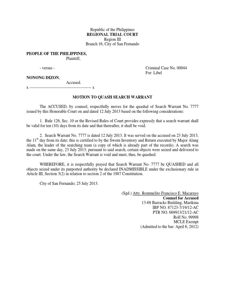 Motion to Quash Search Warrant Search Warrant Motion In United
