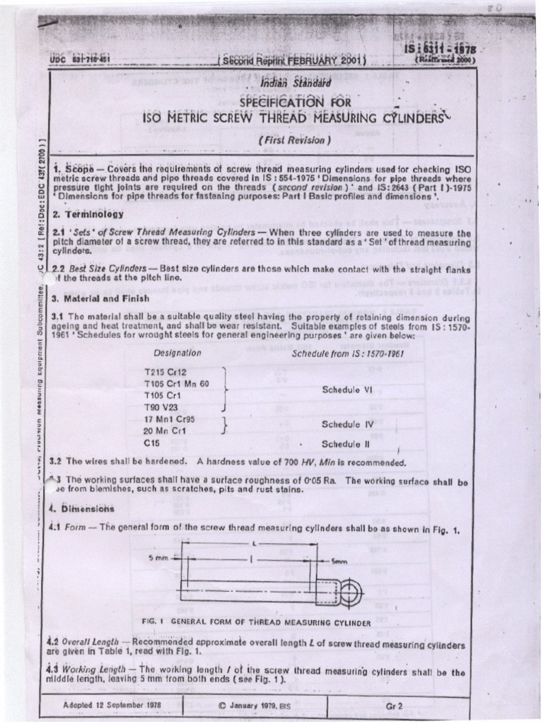 Is 6311 - 1978 Specification For Iso Metric Screw Thread Measuring ...