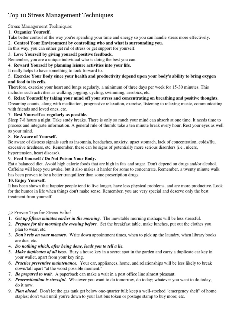 Top 10 Techniques for Stress Management | PDF | Physical Exercise ...