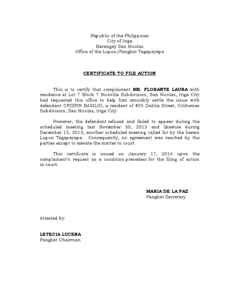 Certificate To File Action PDF