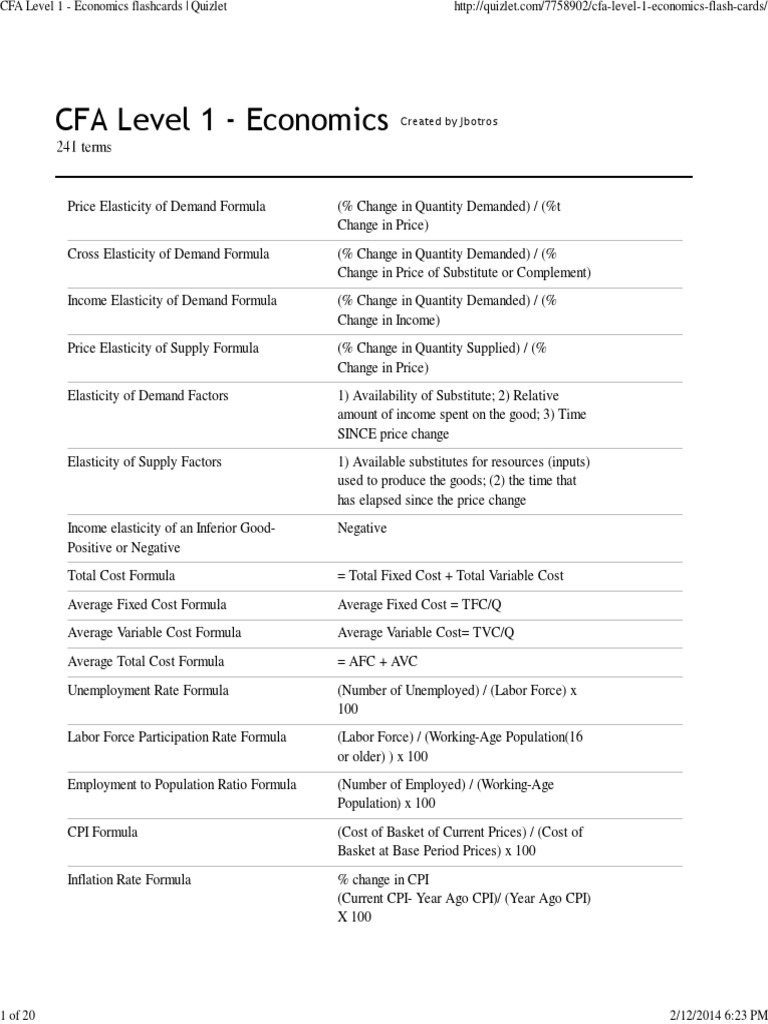 CFA Level 1 Economics Flashcards | PDF | Inflation | Monopoly