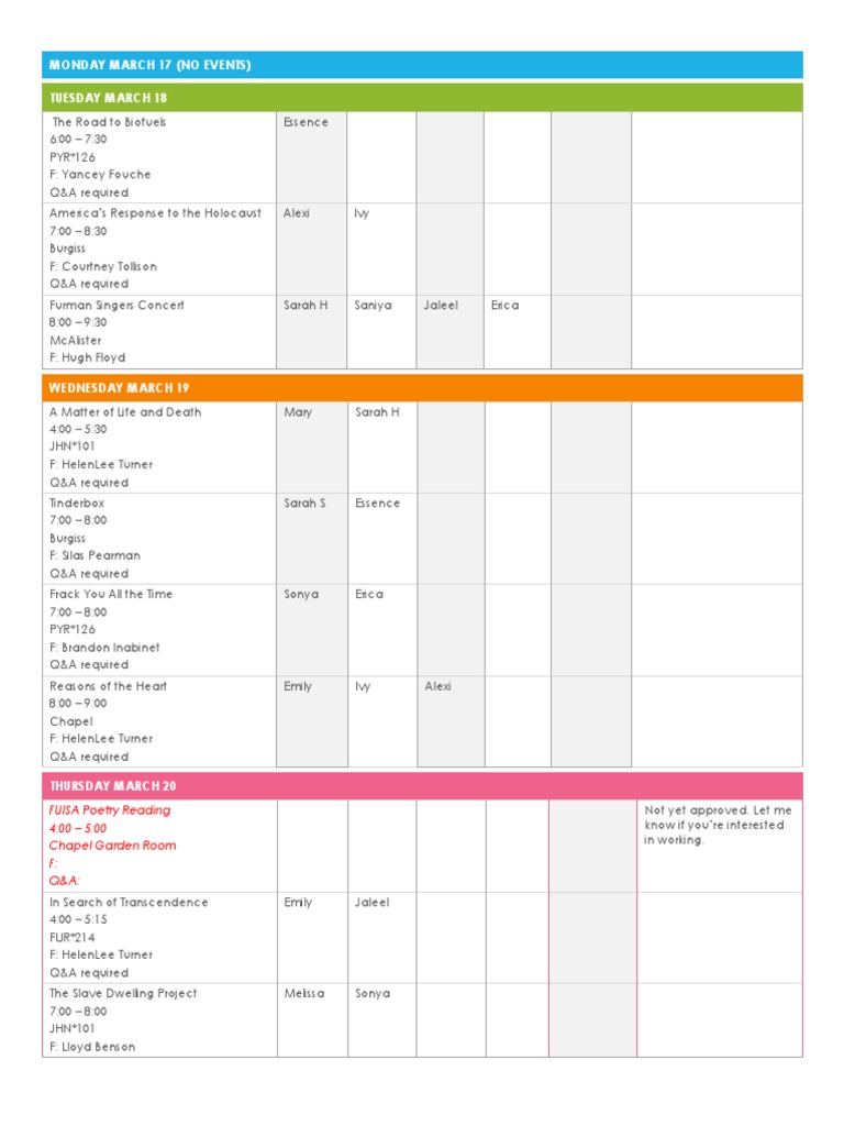Student Schedule 03.17 - 03.30 | PDF | Entertainment (General)