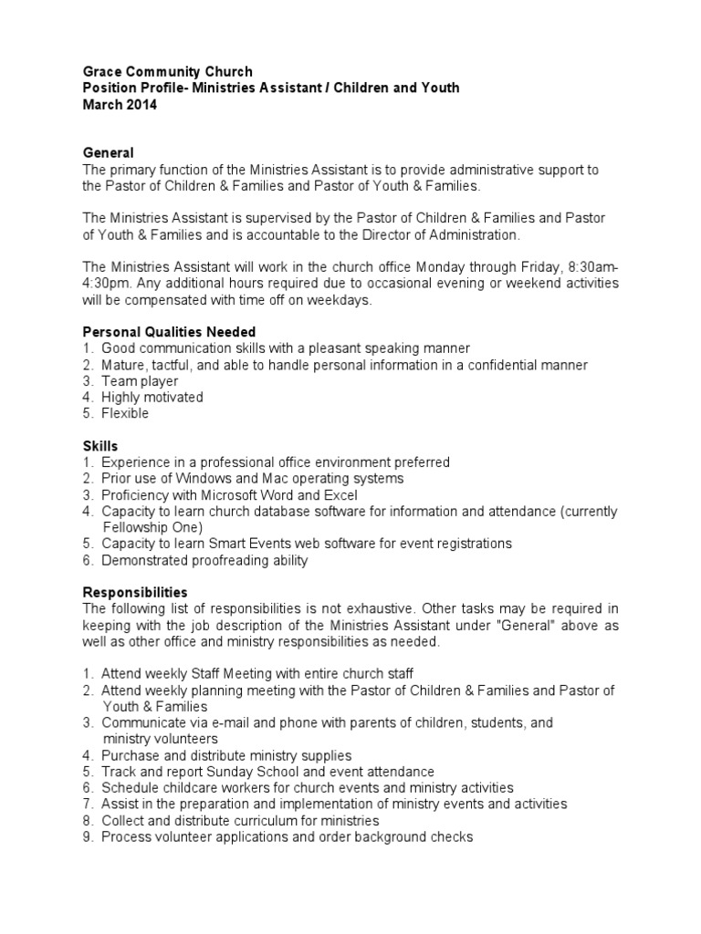 Ministries Assistant Children & Youth Job Description (Edited) | PDF ...