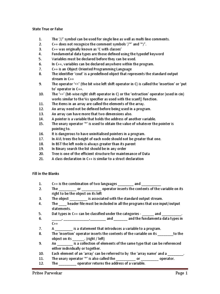 True or False Statements and Fill in the Blanks Questions | PDF | C++ ...
