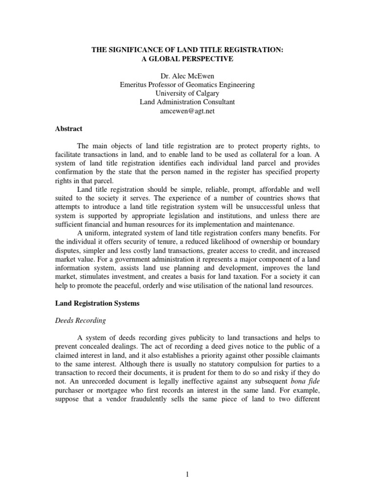 Significance Of Land Title Registration Pdf Deed Surveying