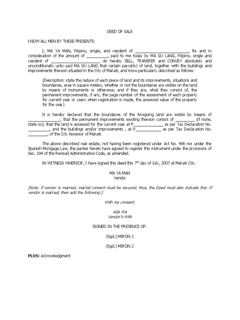 DEED of SALE of Unregistered Land Sample Deed Marriage