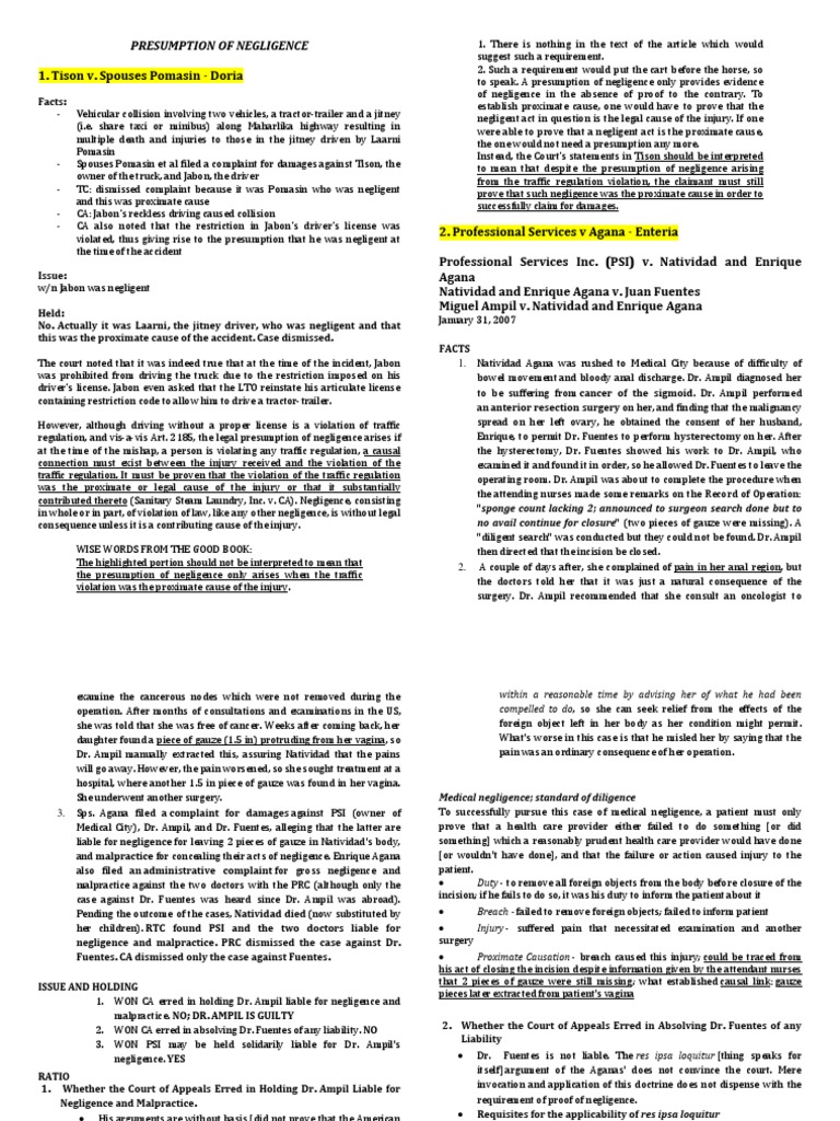 Presumption of Negligence Negligence Common Law