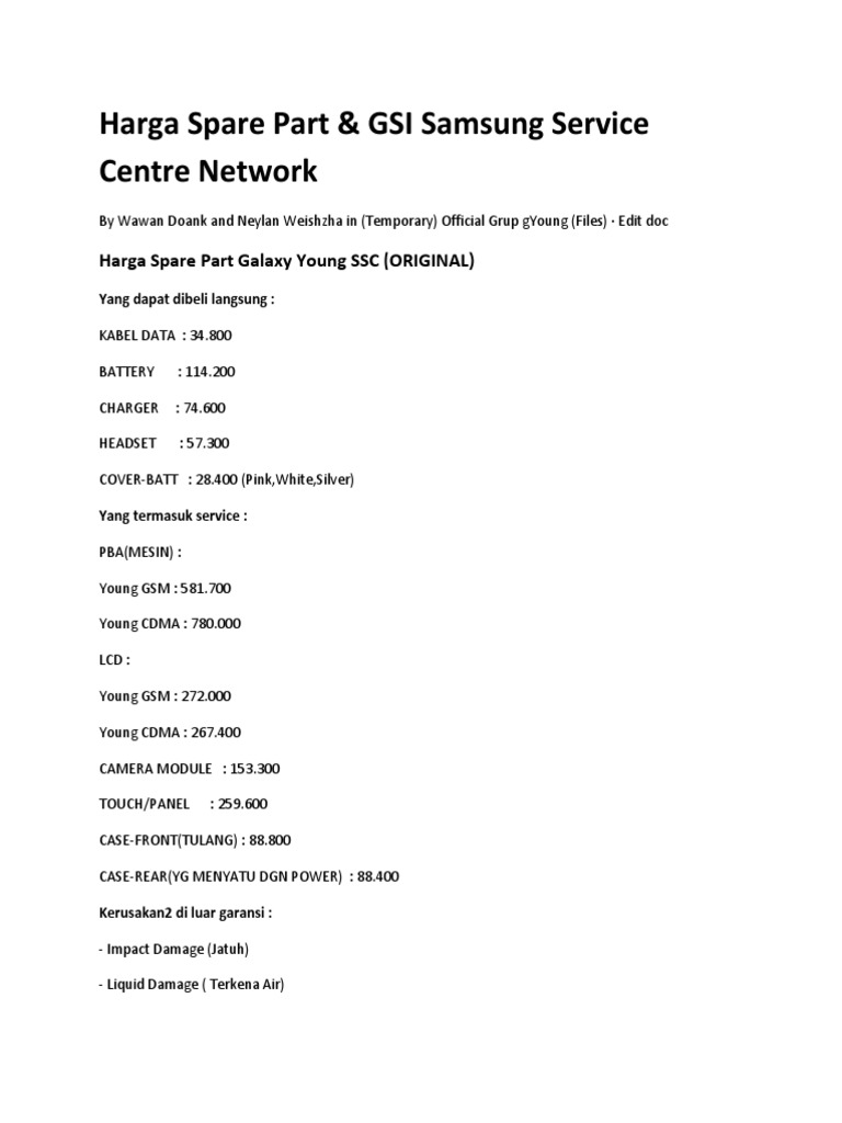 Daftar Harga Sparepart Samsung | PDF