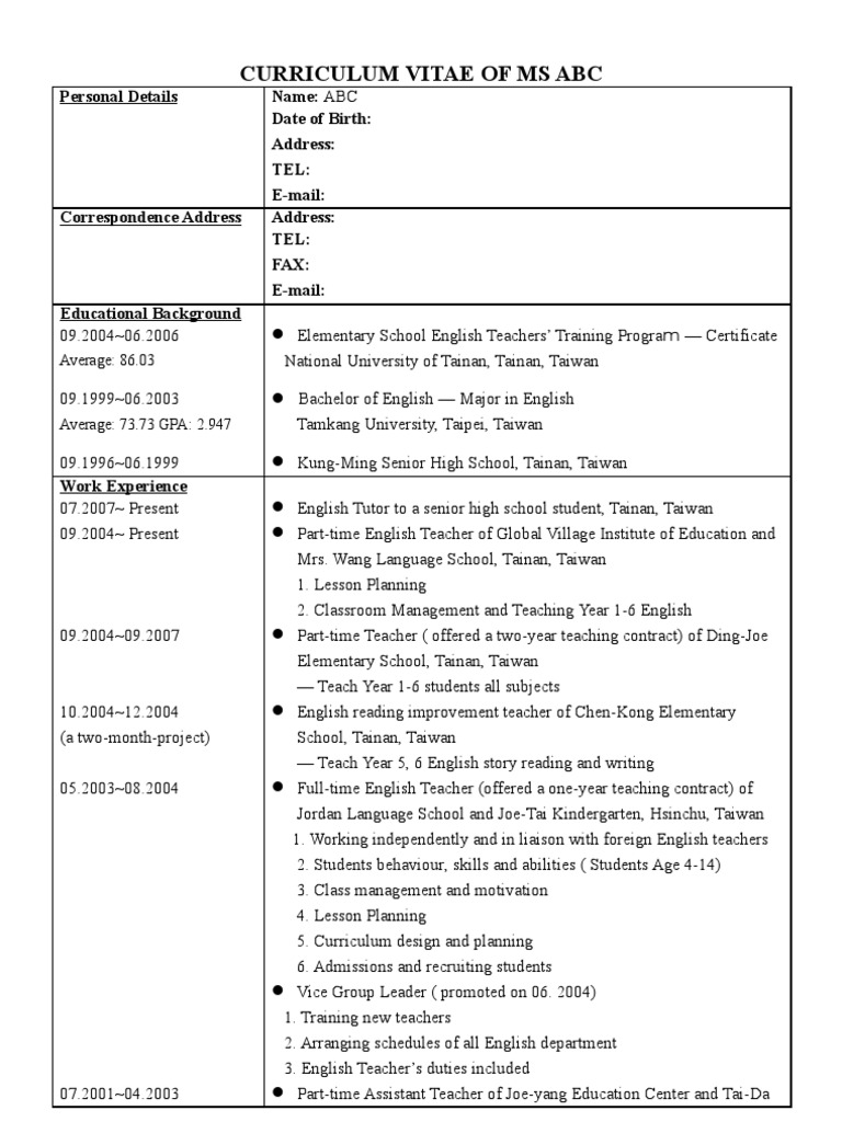 CV of English Teacher MS ABC | PDF | Taiwan | Teachers