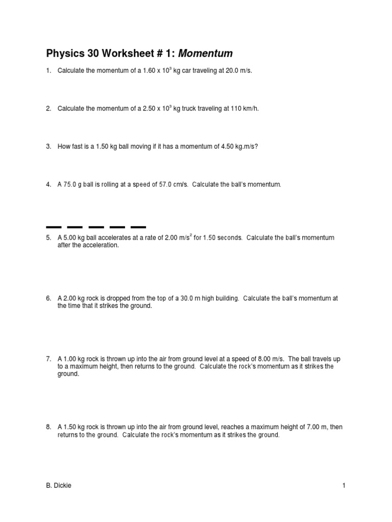 Physics 30 Worksheet # 1: Momentum | PDF | Collision | Momentum, image size:768x1024