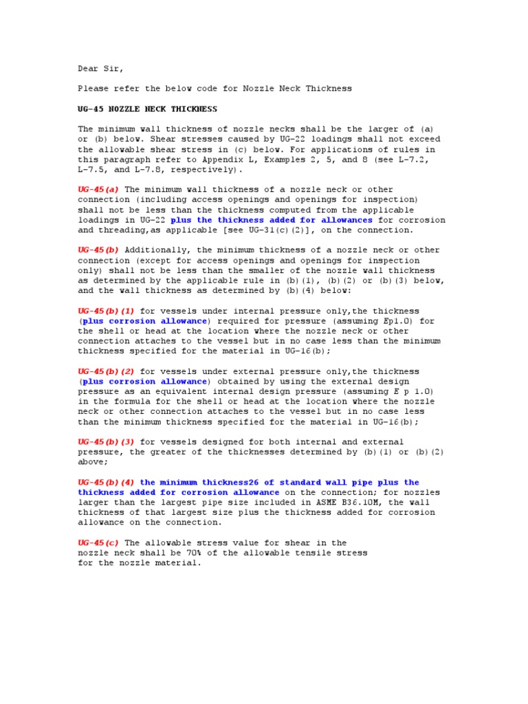 Calculating Nozzle Neck Thickness According to UG45 Code Requirements