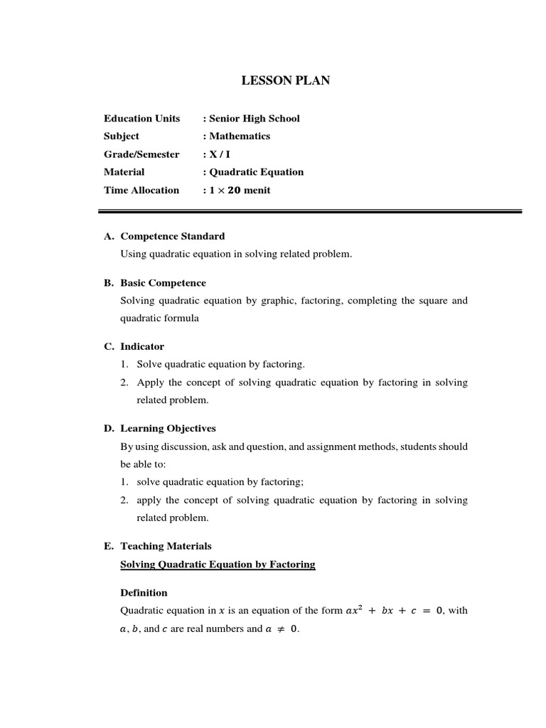 Lesson Plan of Quadratic Equation PDF Factorization Quadratic