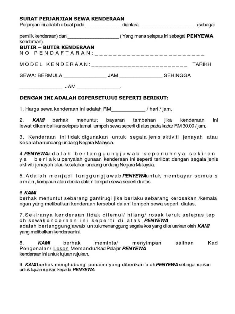 Surat Perjanjian Sewa Kenderaan Pdf