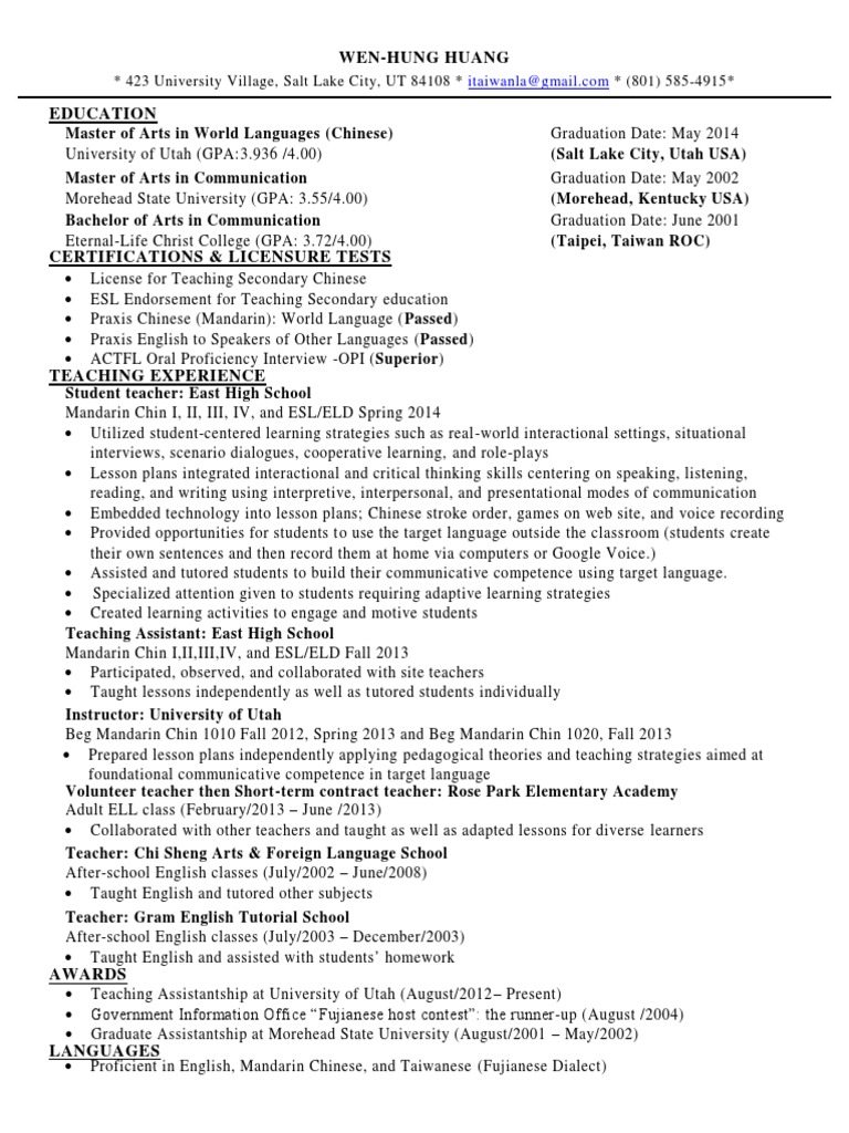 chinese teacher resume huang English As A Second Or Foreign Language