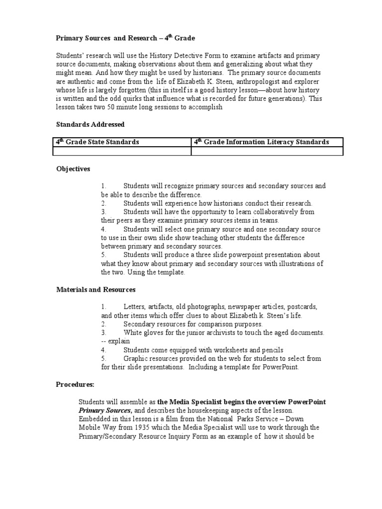 4th Grade Primary Source Lesson Plan | PDF | Primary Sources ...