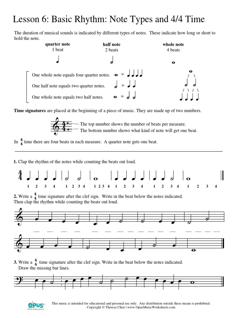 Music Theory Worksheet 6 Basic Rhythm | PDF