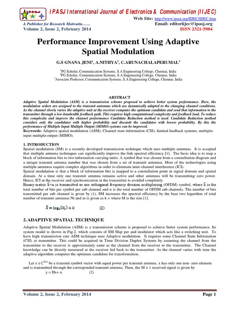 Performance Improvement Using Adaptive Spatial Modulation | PDF ...