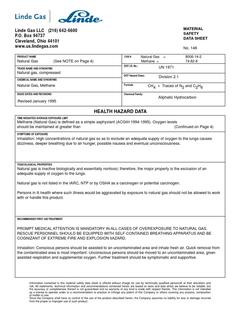 Natural Gas MSDS Natural Gas Methane