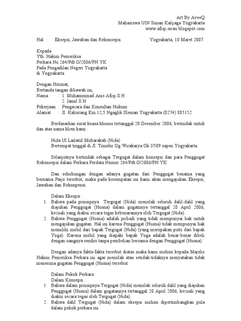 Contoh Surat Kuasa Eksepsi Simak Gambar Berikut