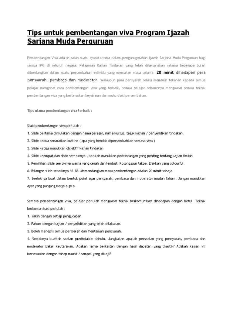 Tips Untuk Pembentangan Viva Program Ijazah Sarjana Muda Perguruan